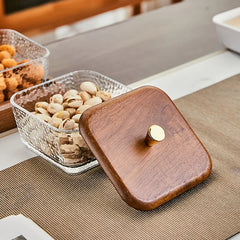 Glass Serving Tray Set with Square Lattice Lid & Golden Knob – Elegant Multi-Use Display Dish