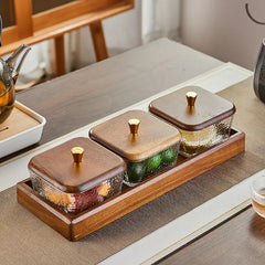 Glass Serving Tray Set with Square Lattice Lid & Golden Knob – Elegant Multi-Use Display Dish
