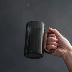 6pc Smoked Grey Glass Cup Set – Large 12.8oz Tea & Coffee Mugs with Wooden Handles