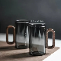 6pc Smoked Grey Glass Cup Set – Large 12.8oz Tea & Coffee Mugs with Wooden Handles