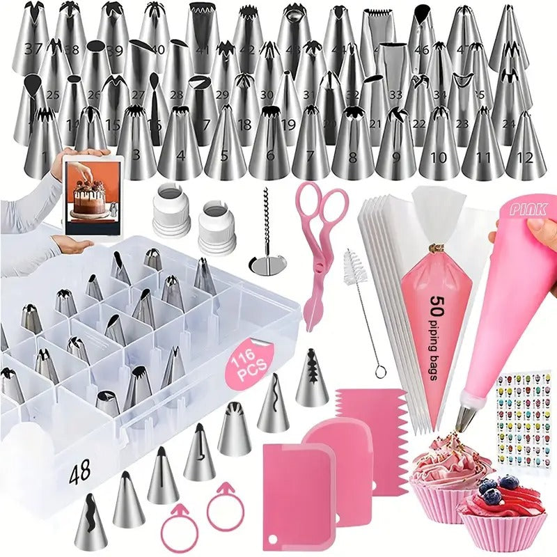 116pcs Cake Decorating Set – Baking Tools with Piping Nozzles, Pastry Bags & Storage Box