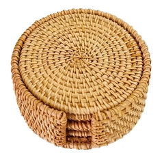 Handmade Rattan Coaster Set – 6 Heat-Resistant Pads with Woven Storage Holder