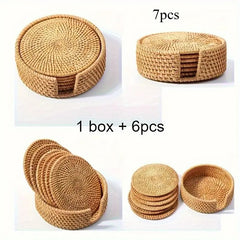 Handmade Rattan Coaster Set – 6 Heat-Resistant Pads with Woven Storage Holder