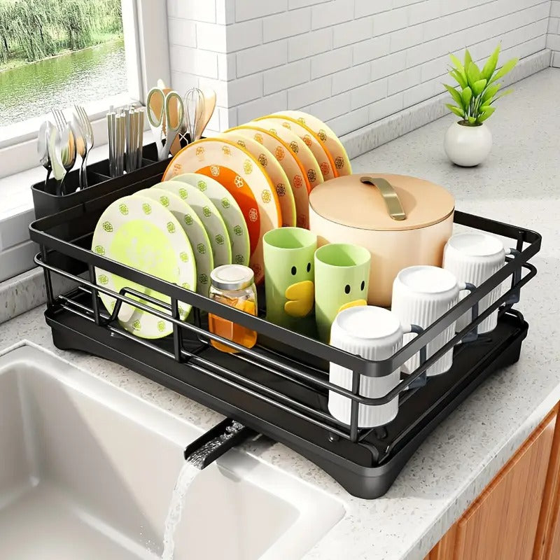 Extra Large Dish Drying Rack with Auto-Draining System & Cutlery Holder – Carbon Black