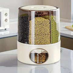 360° Rotating Rice & Grain Dispenser – 6-Compartment Airtight Organizer with Measuring Cup