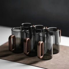 6pc Smoked Grey Glass Cup Set – Large 12.8oz Tea & Coffee Mugs with Wooden Handles