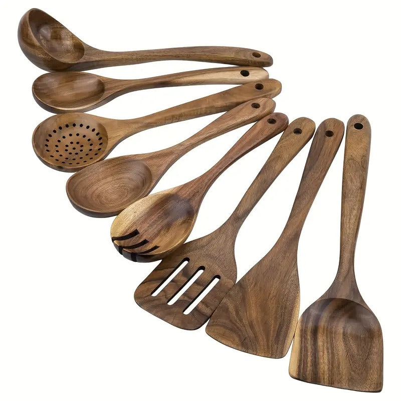 8pcs Acacia Wood Kitchen Utensil Set – Non-Stick Cooking Spoons & Spatulas for Everyday Use