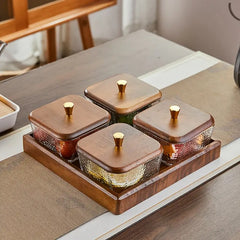 Glass Serving Tray Set with Square Lattice Lid & Golden Knob – Elegant Multi-Use Display Dish
