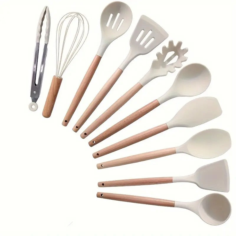 10pcs Heat-Resistant Silicone Cooking Utensil Set – Non-Stick Kitchen Tools with Wooden Handles