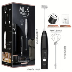 3-Speed Handheld Milk Frother – USB Rechargeable with 2 Stainless Steel Whisks for Coffee & Drinks