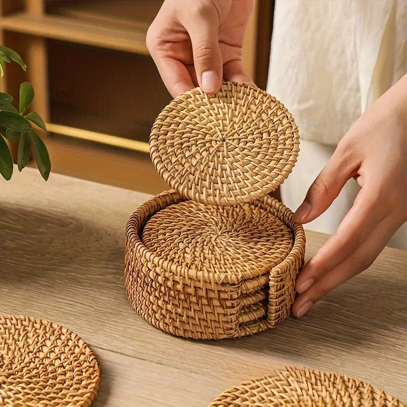 Handmade Rattan Coaster Set – 6 Heat-Resistant Pads with Woven Storage Holder