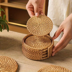 Handmade Rattan Coaster Set – 6 Heat-Resistant Pads with Woven Storage Holder