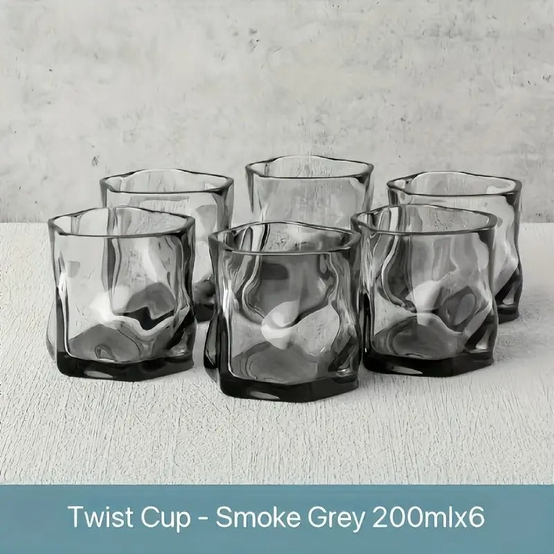 Creative Twisted Glass Cups – 6pc Drinkware Set (Colorful, Clear, Yellow, Gray)