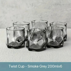 Creative Twisted Glass Cups – 6pc Drinkware Set (Colorful, Clear, Yellow, Gray)